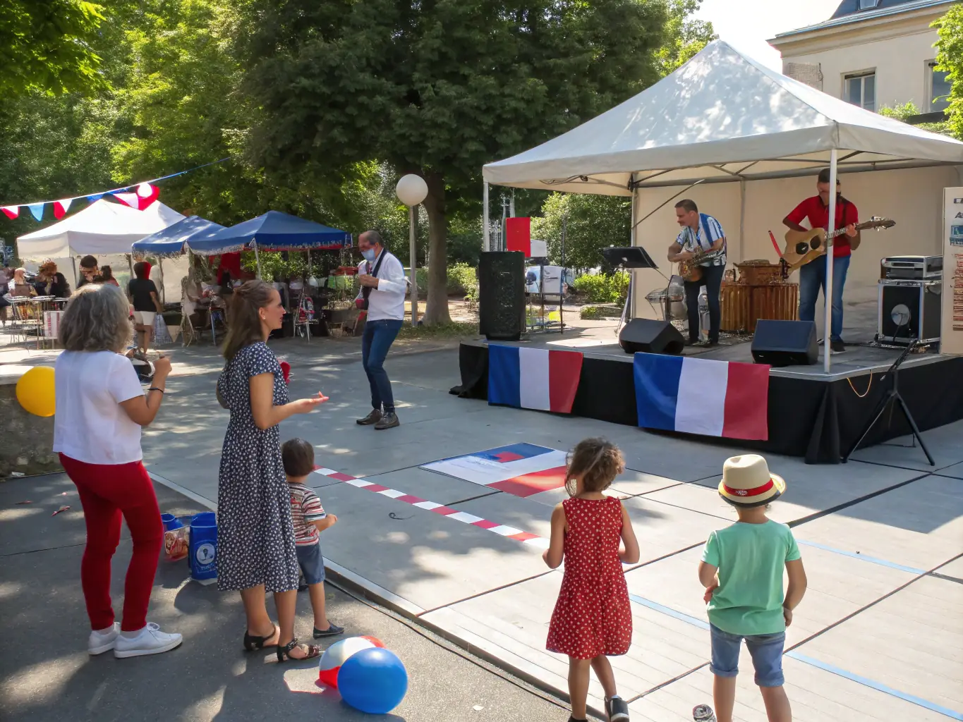 A group of people participating in a cultural exchange event organized by EXXPLORE FRANCE, featuring traditional French music and electronic music fusion, highlighting the blend of cultures.