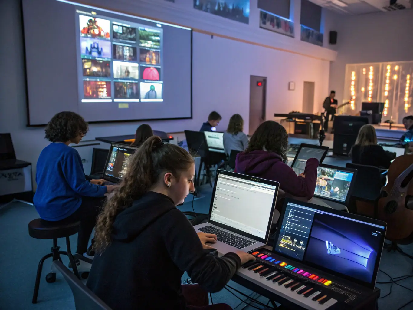 A photo of a music production workshop hosted by EXXPLORE FRANCE, showing participants learning about electronic music creation with guidance from experienced instructors.