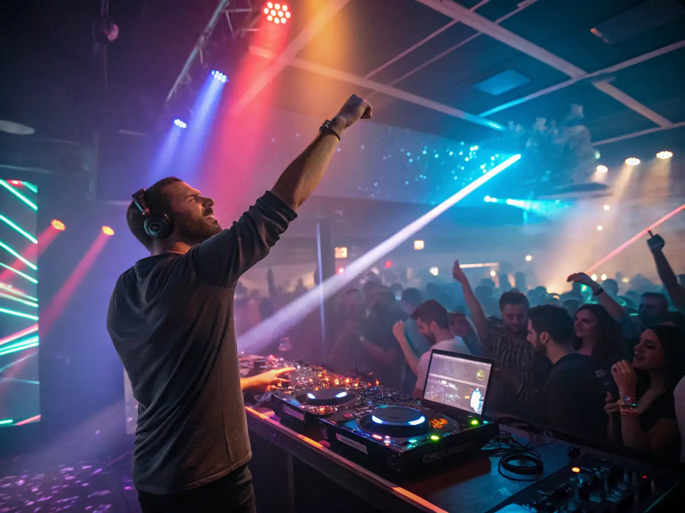 A dynamic image of a DJ performing at an EXXPLORE FRANCE event, with a diverse crowd enjoying the music and vibrant lighting, capturing the energy and excitement of the event.
